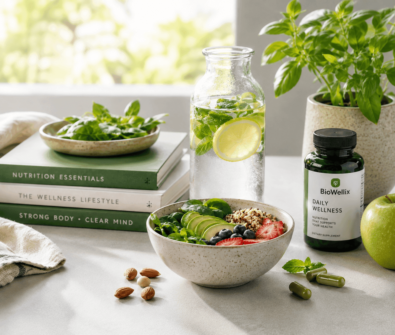 Sunlit kitchen counter with a grain and berry bowl, infused water, wellness books, and a BioWellix daily supplement