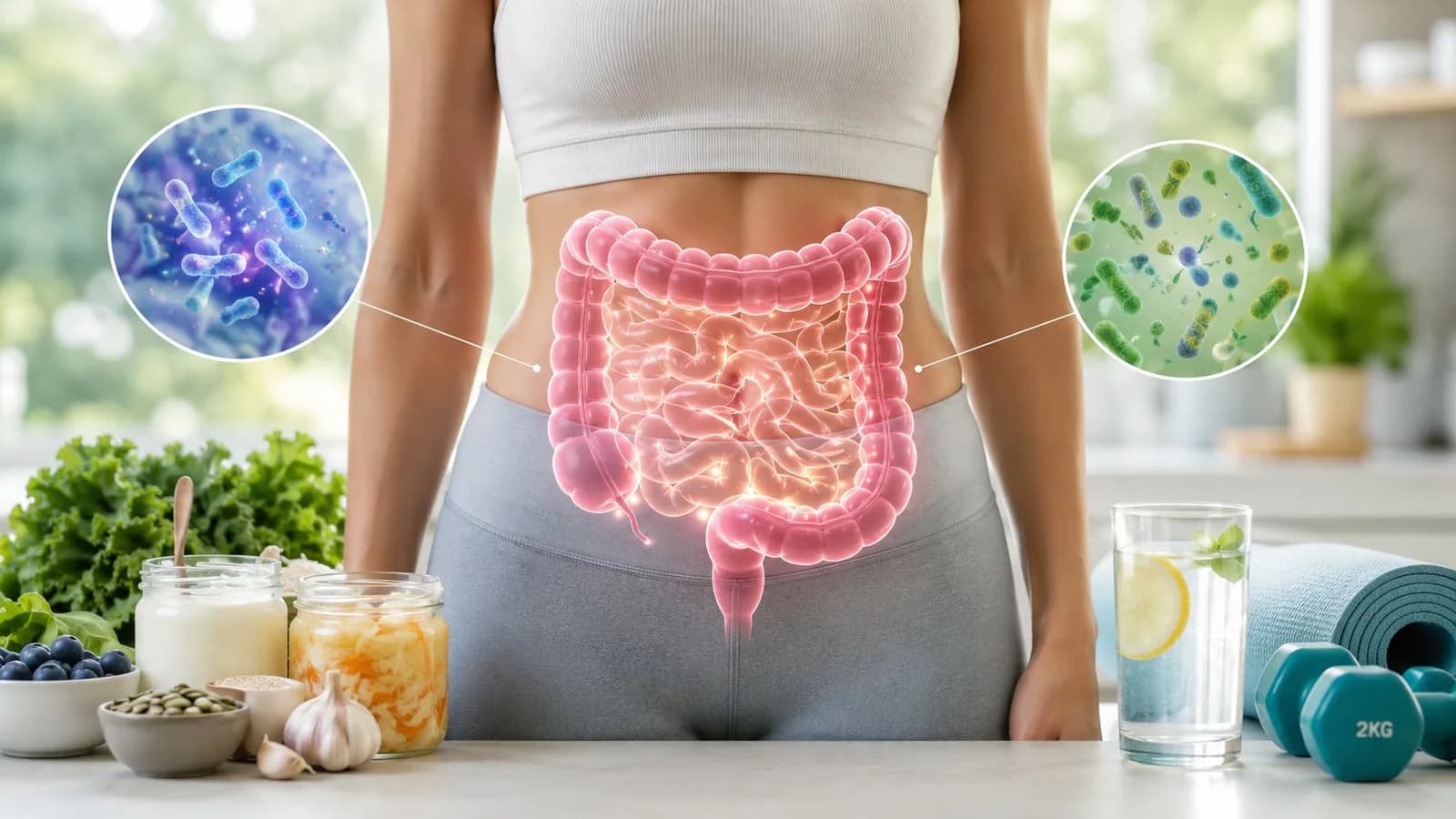 Illustration of the digestive tract over a woman's midsection, flanked by magnified views of gut bacteria, with leafy greens, yogurt, sauerkraut, garlic and blueberries on the counter beside her.