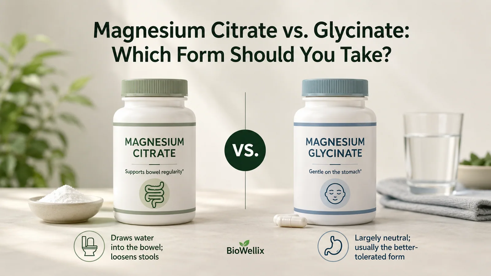Two supplement bottles side by side, one labelled magnesium citrate and one magnesium glycinate, with the elemental magnesium figure visible on each supplement facts panel